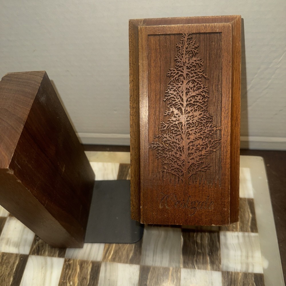 Vintage Solid Walnut Bookends Pine Cedar Tree Laser Craft Engraved 1970s Wood