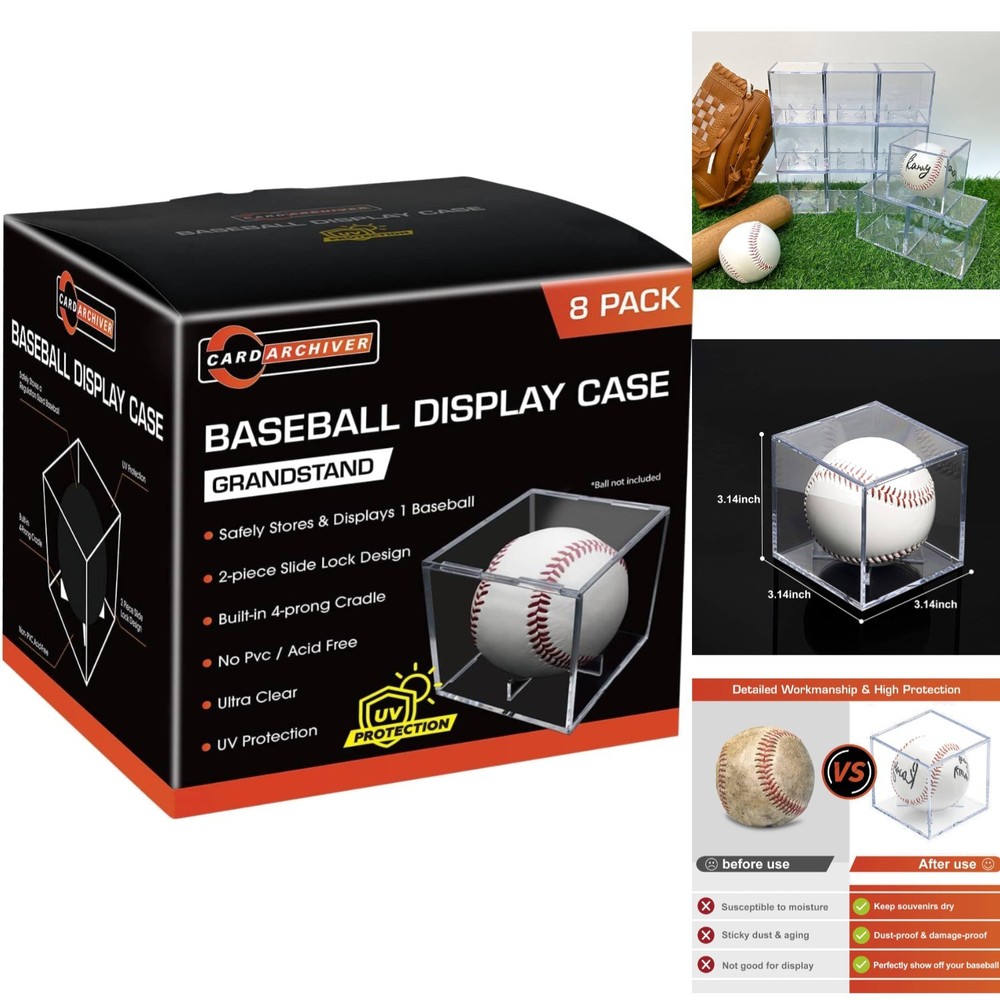 8 Pack Baseball Display Cases UV Protected Acrylic Clear Cube Memorabilia Holder