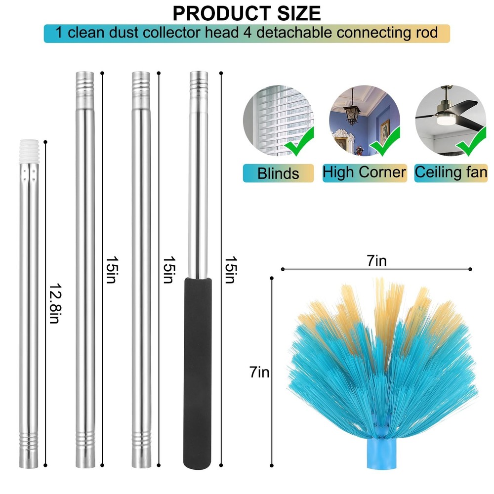 Cobweb Duster with Extension Pole，Medium Stiff Bristles Cobweb Duster Hea