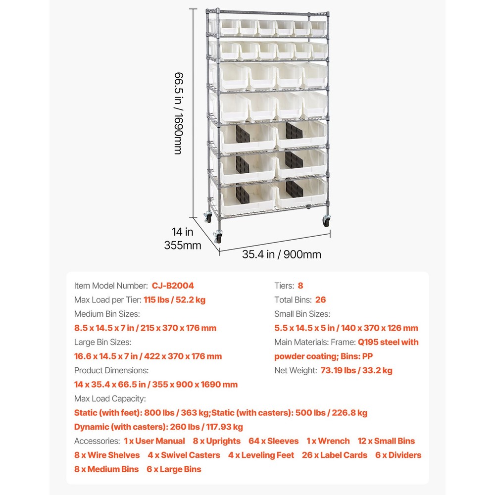 Uimoso 8-Tier Rolling Storage Rack with 26 Removable Bins