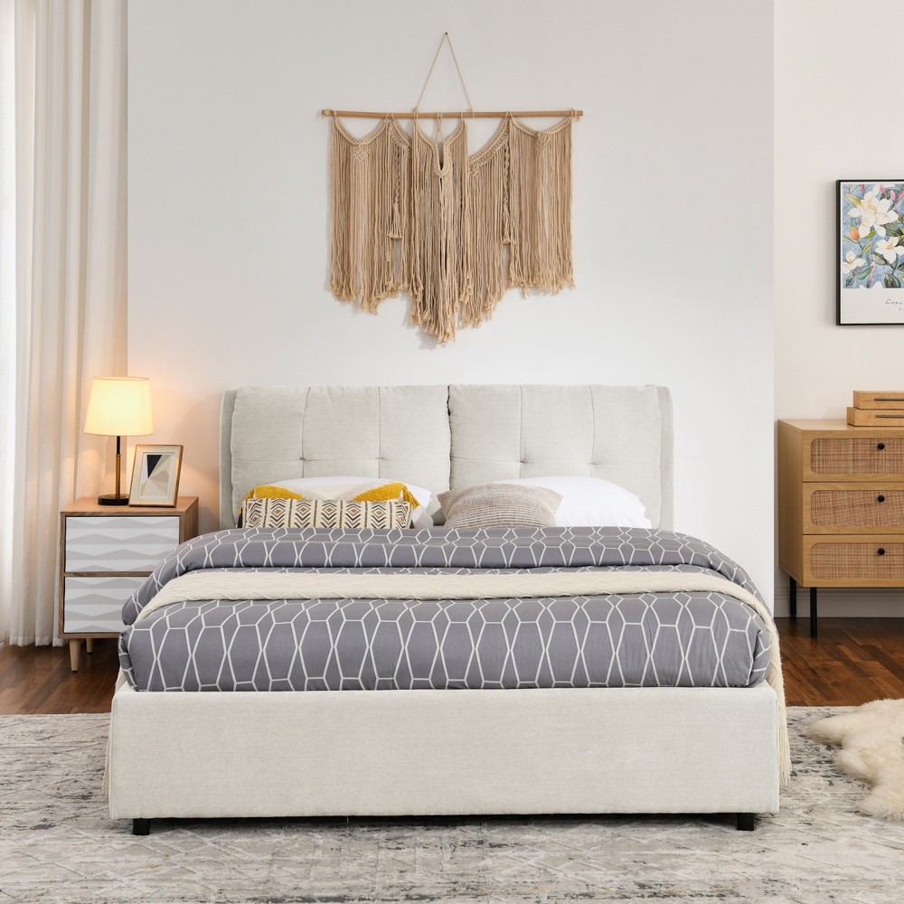 Queen Size Upholstered Platform Bed Frame with Hydraulic Storage White/Black