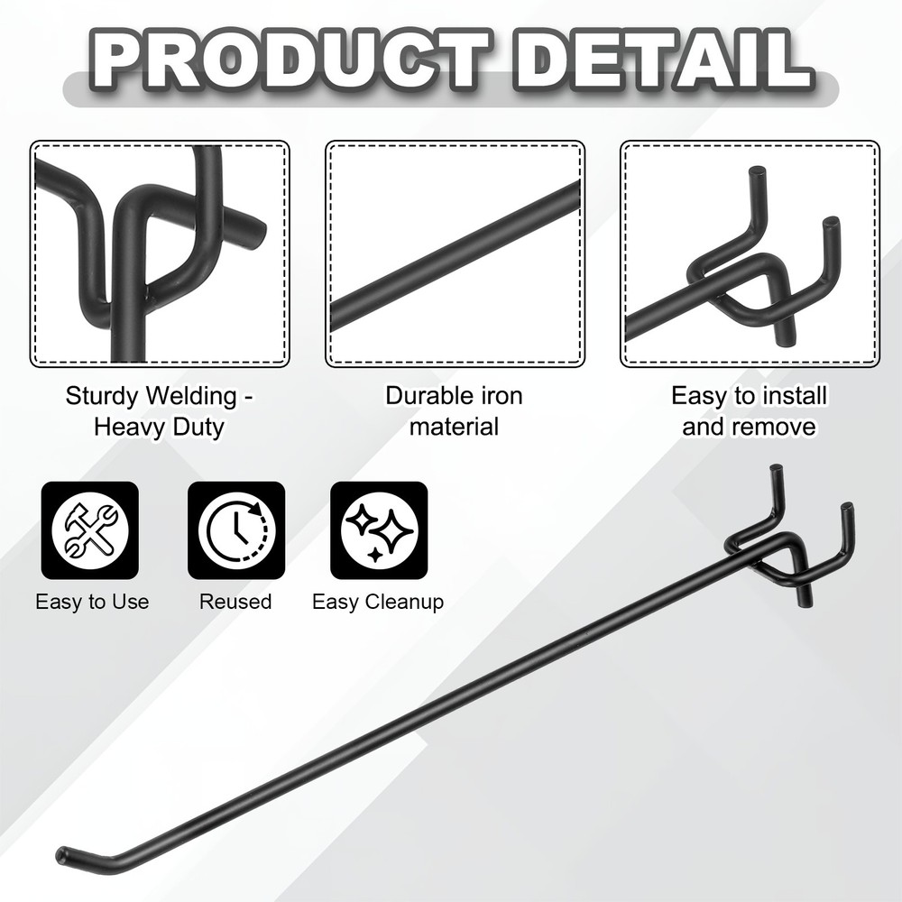 12 Pcs Pegboard Hooks, 9.8" Peg Board Hooks Kit, Black (1.2mm)