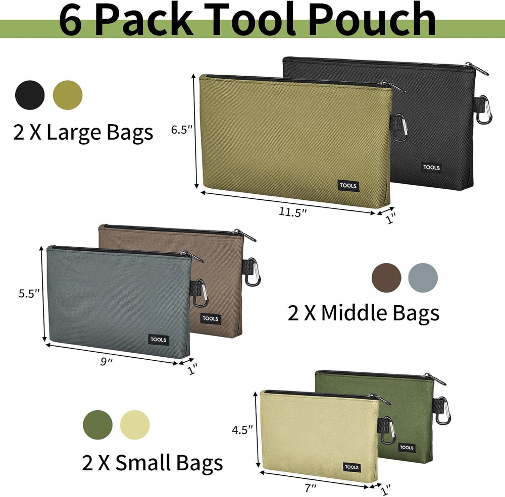 6 Pack Zipper Pouch, Premium Tool Bag, Utility Flat Bottom Storage Organizer Wit