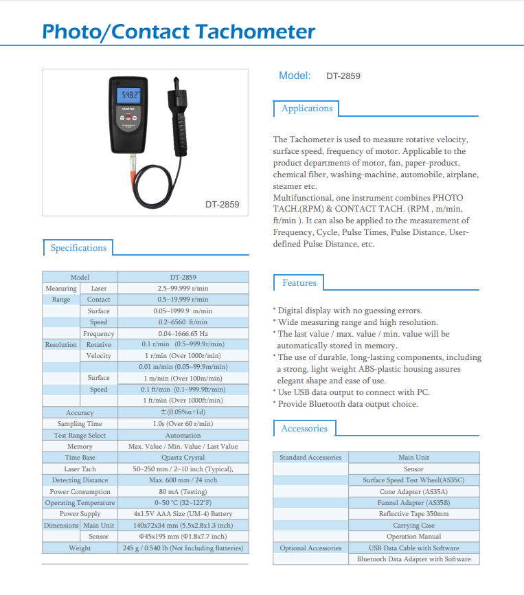 LANDTEK DT-2859 Digital Tachometer rotative velocity surface speed frequency ✦KD