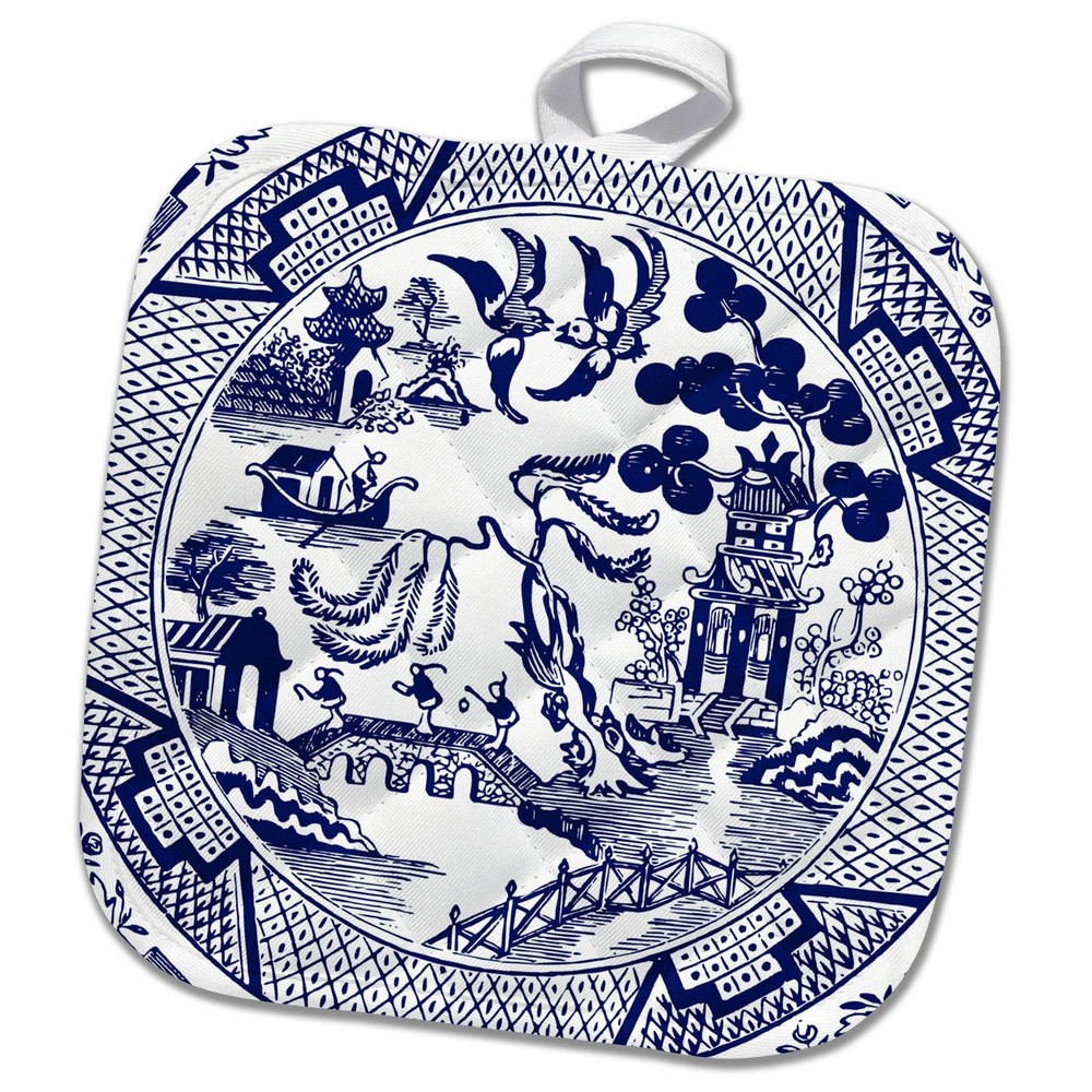 3dRose Willow Pattern Detail in Blue and White Potholder, 8 x 8