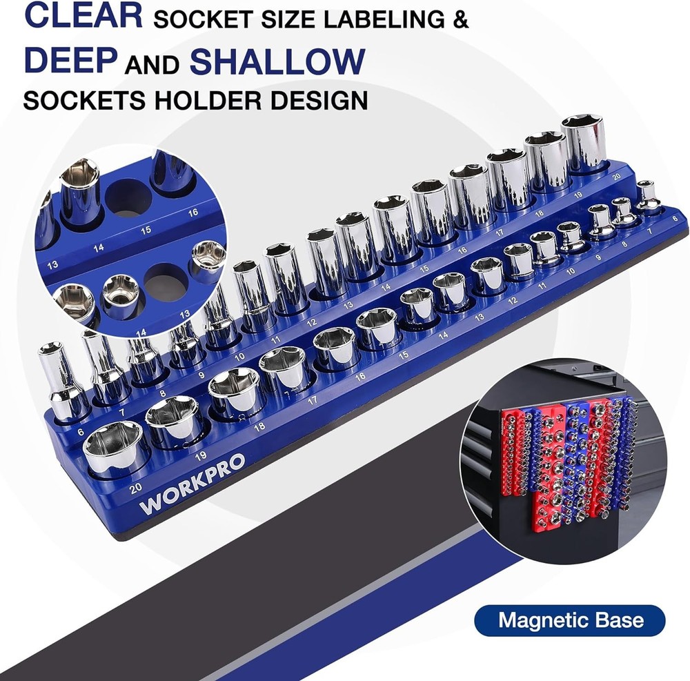 Magnetic Socket Organizer Set, 6-Piece Socket Holder Set Includes 1/4", 3/8",...