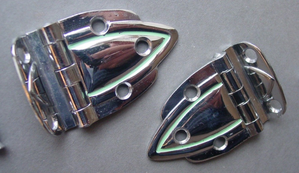 Vintage Chrome Art Deco cabinet hinge Offset Raised Mint Green Lined Cupboard
