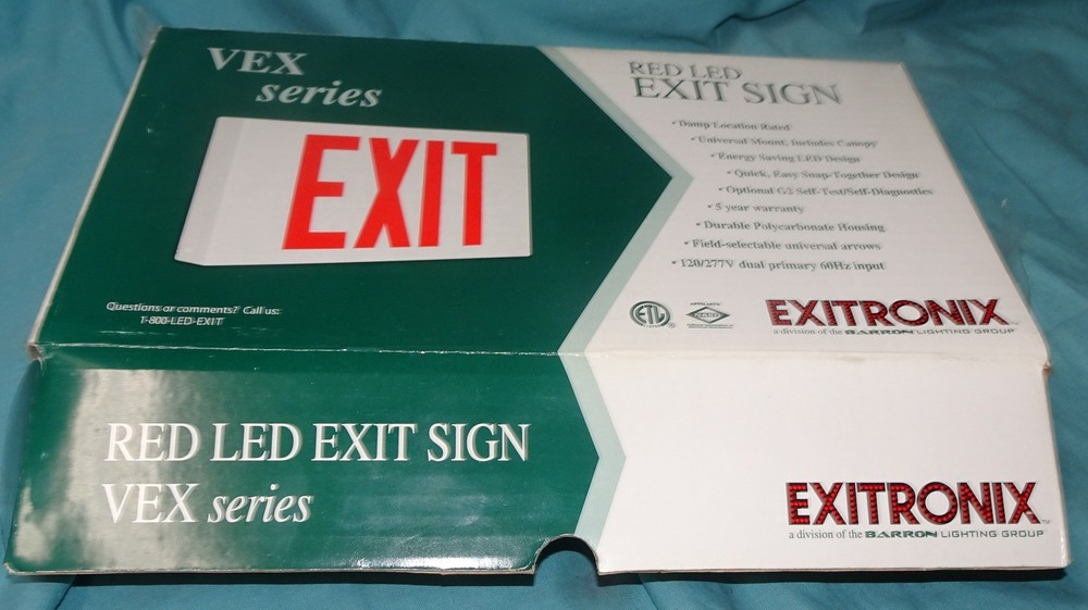 = Exitronix LED Exit Sign White Thermoplastic VEX-U-BP-WB-WH Double Sided RED