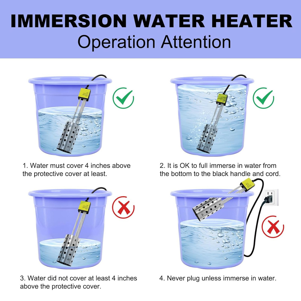 1500W Immersion Heater, GESAIL Bucket Water Heater with 304 Stainless-Steel Guar