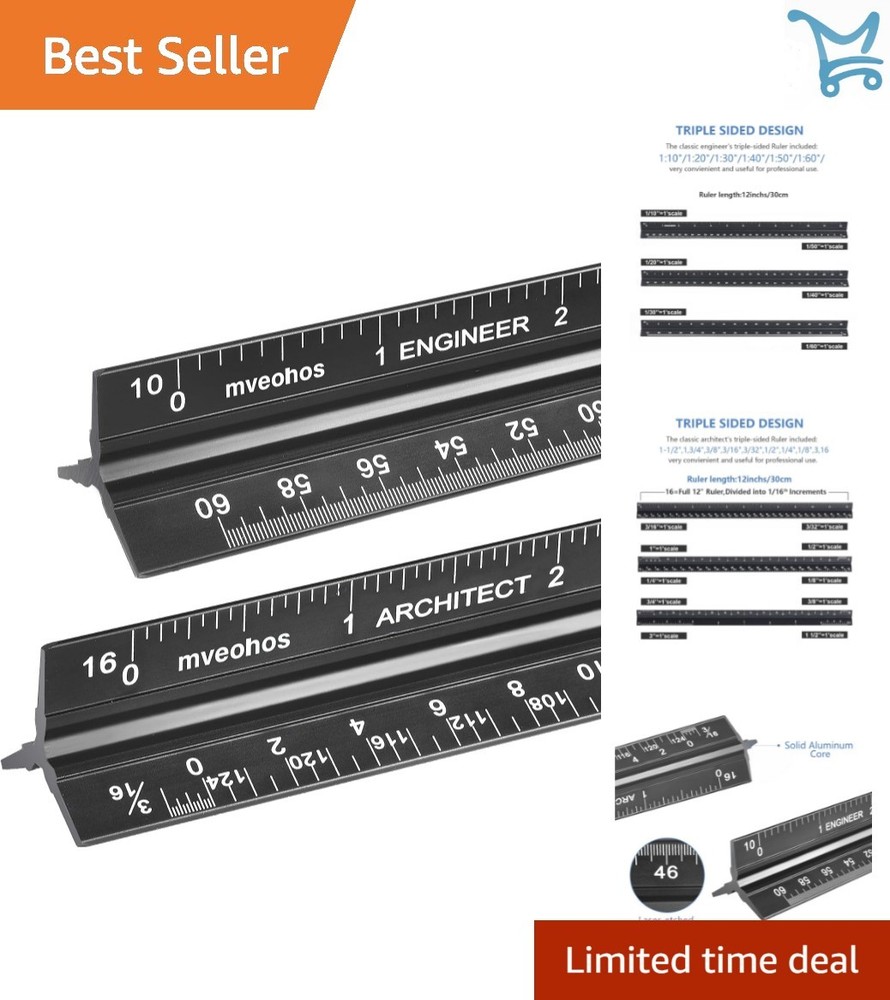 Architectural Engineering Scale Ruler Set Aluminum 12 Black Triangular Drafting