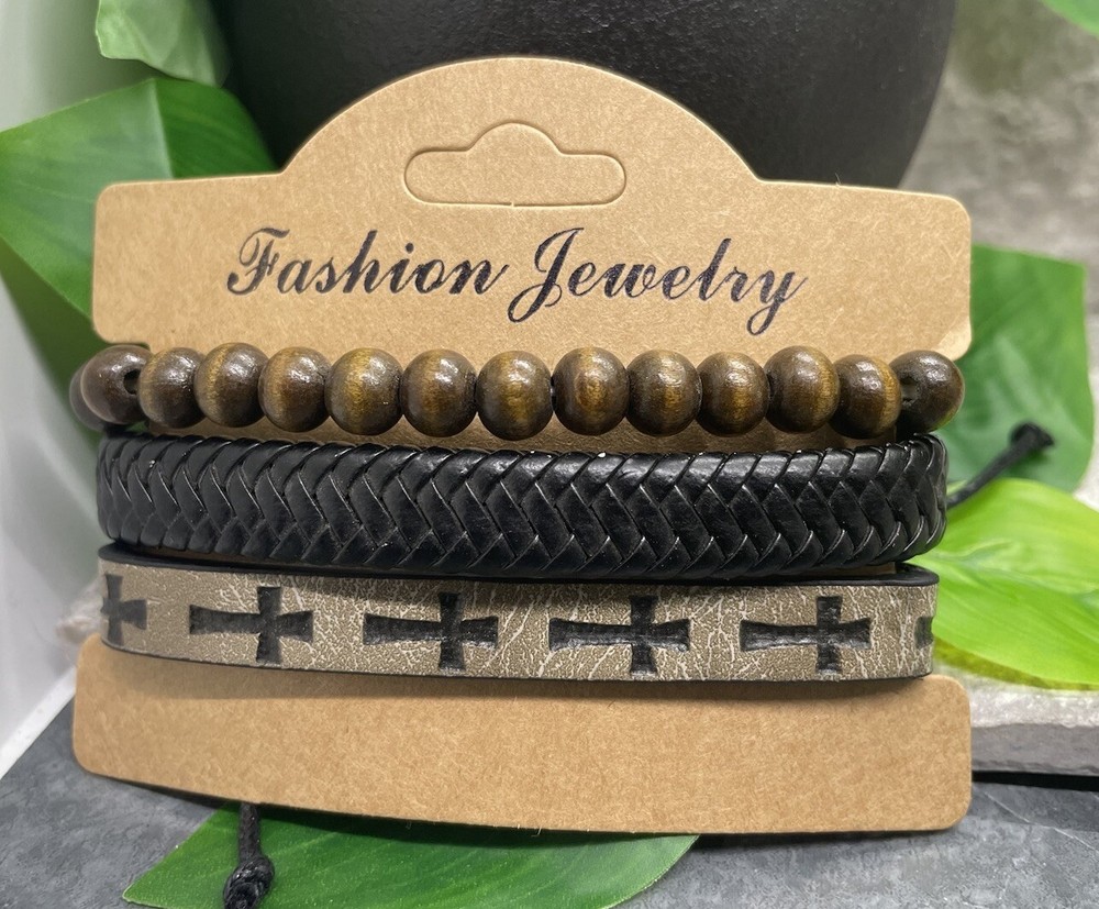 3 PC Wood Bead PU Leather Bracelet Stackable Adjustable Tie New Cross B3631