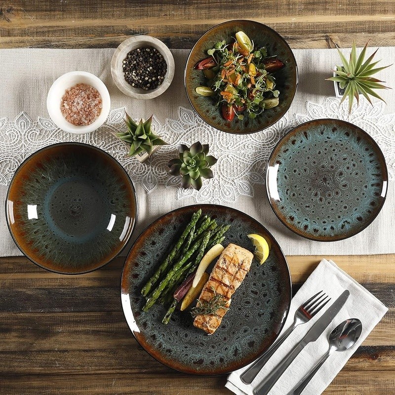 Reactive Glaze Stoneware Dinnerware Set Dishwasher Safe Unique Service for 4