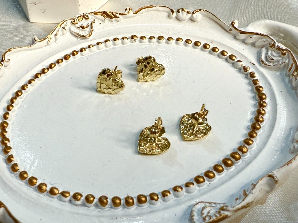 10K Real Solid Yellow Gold Heart Nugget Earrings