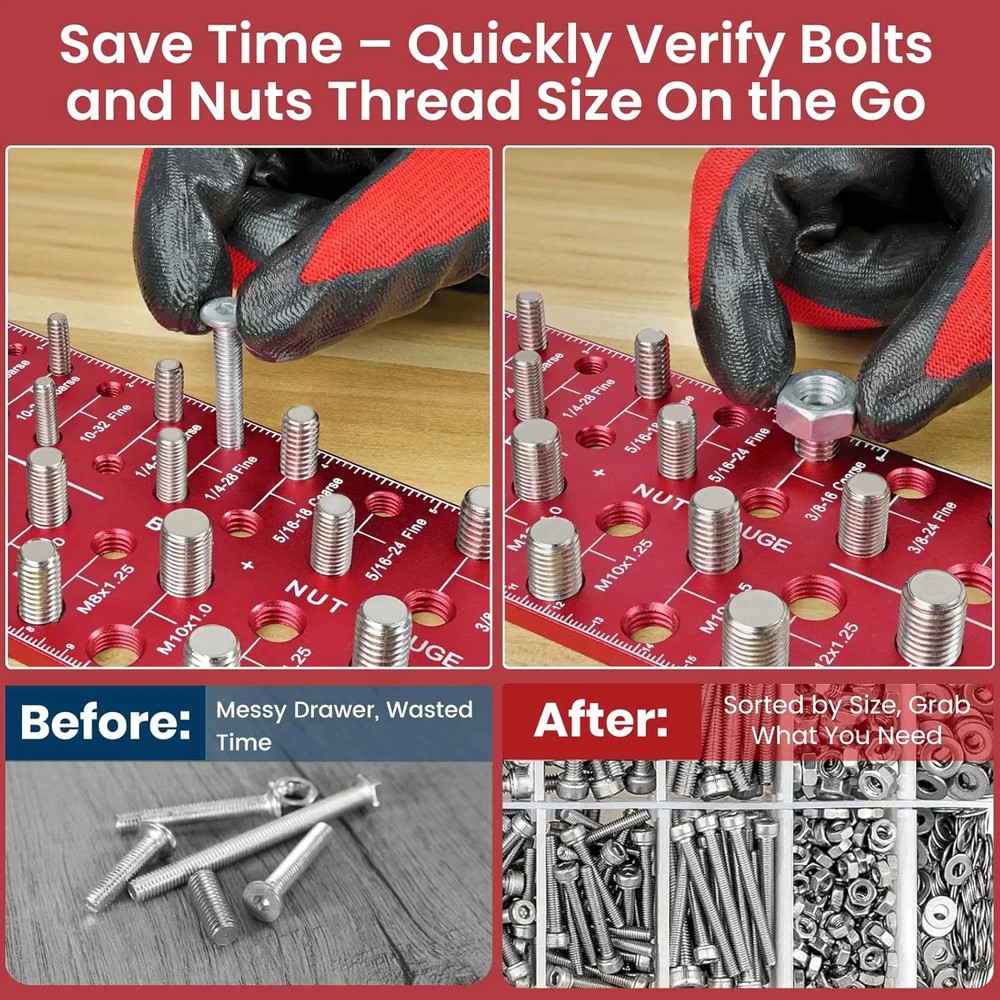 Thread Checker, Rustproof Nut and Bolt Thread Checker, Wall-Mountable Bolt Size