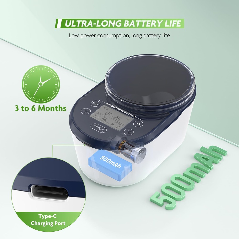PAIZOO Automatic Fish Feeder, Rechargeable Timer Dark Blue＆ White