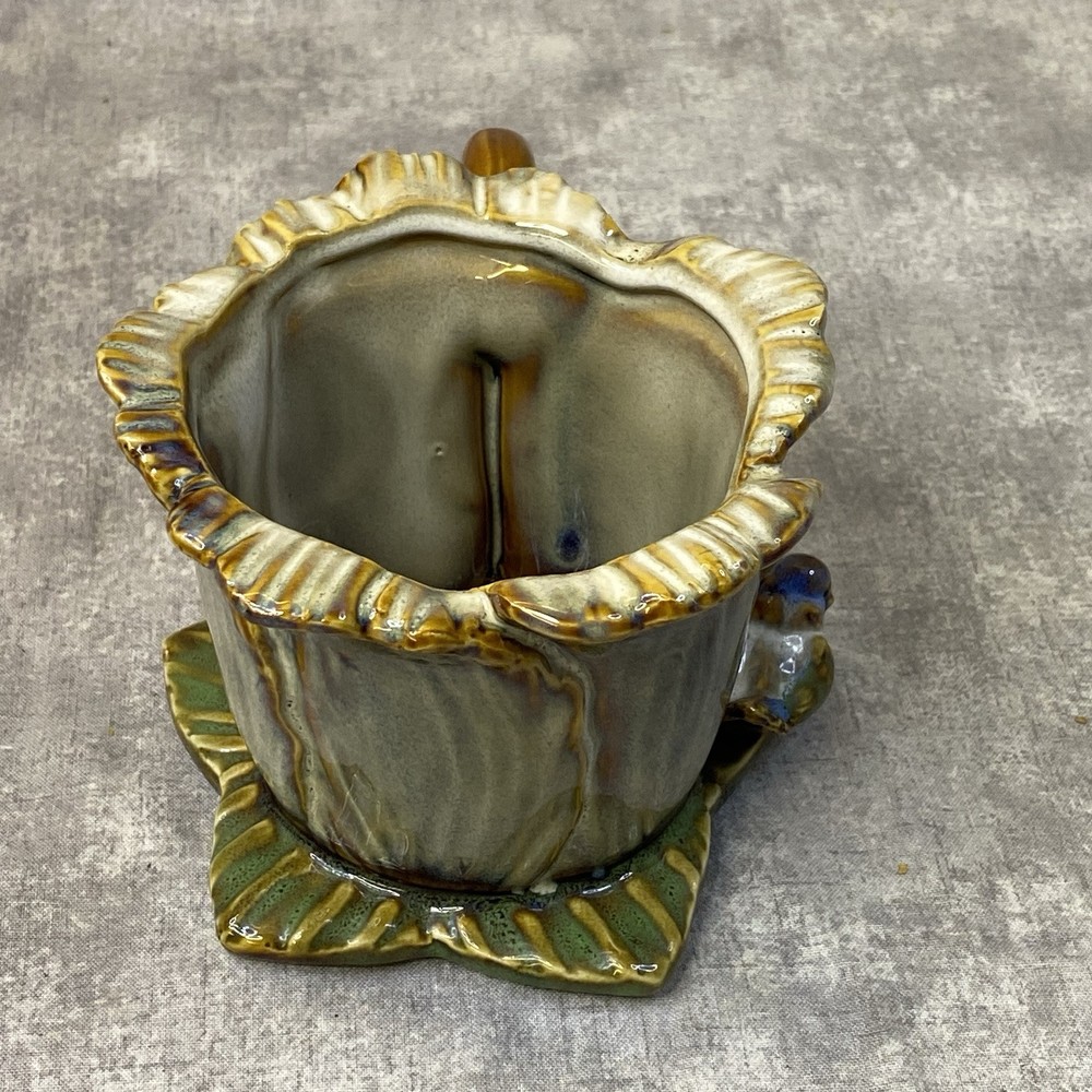 Ceramic Flower Shape Cup Planter With Birds Multicolor Cabbage Leaf