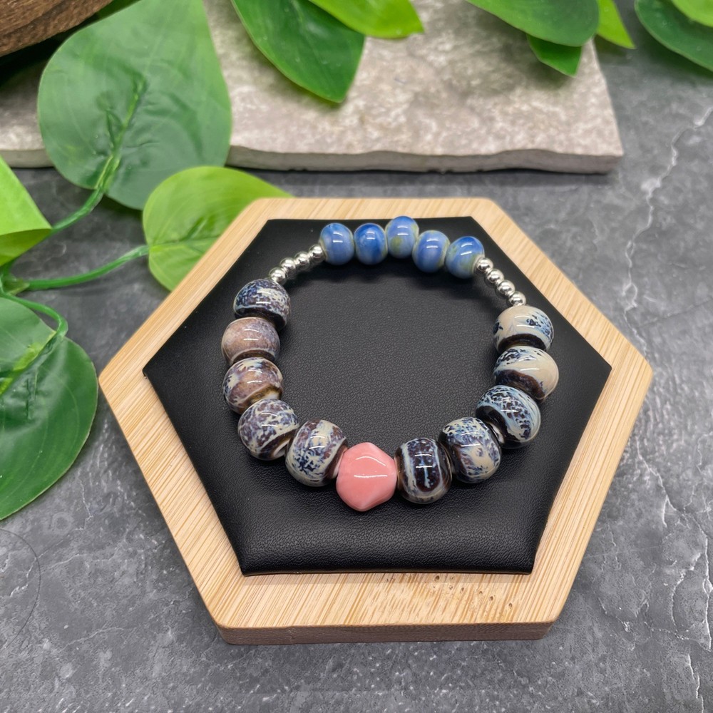 Handmade Ceramic Bead Beaded Stackable 6.25” Plus Stretch Bracelet New B610