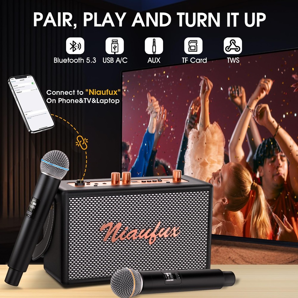 Retro Karaoke Machine: Portable Bluetooth Speaker, 2 Wireless Mics, Home Part...