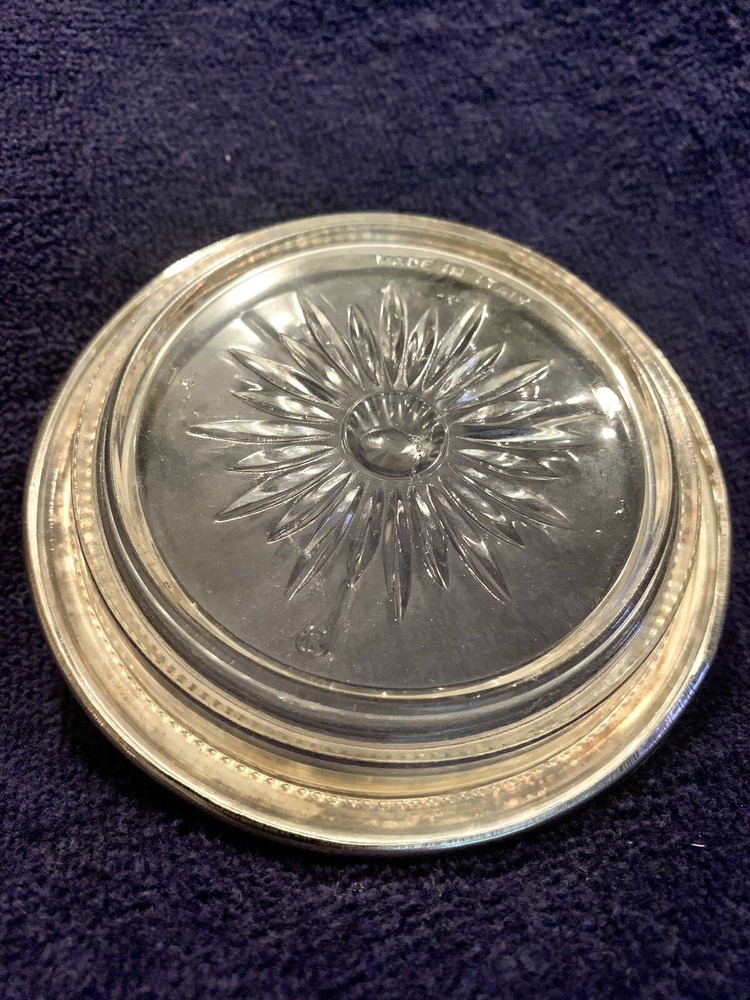 Vintage Leonard Leaded Glass & Silverplated Coasters Starburst Pattern ~4~