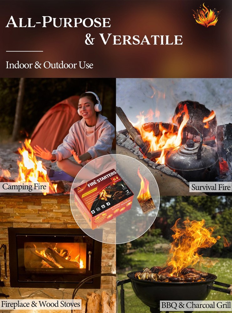 Nvkrvks Fire Starter, Easy-Burning Starter Squares for 64 Squares, Brown