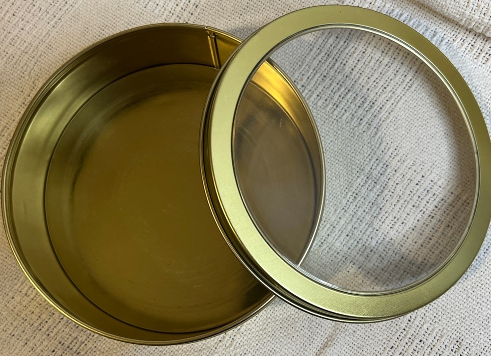 16oz Solid Gold Tin Round Metal Container with Clear Top 6” X 2”