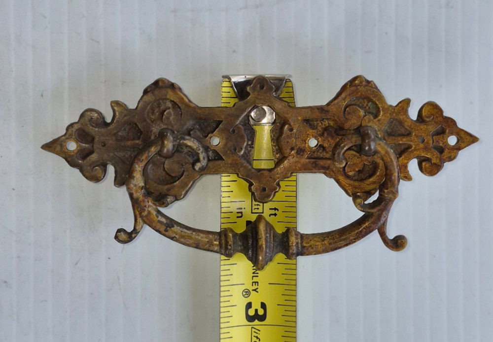 Pair Solid Cast Brass Antique Drawer Pulls Bail Handle Ornate Aesthetic Movement