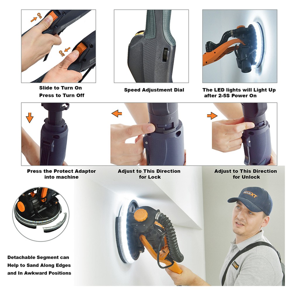 MAXXT Drywall Sander 820W Variable Speed Auto Vacuum System LED Strip Light