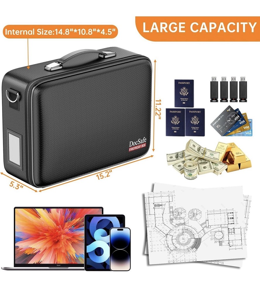 DocSafe Fireproof Document Box with Lock＆Shoulder Strap, Hard-Shell Case--BLUE