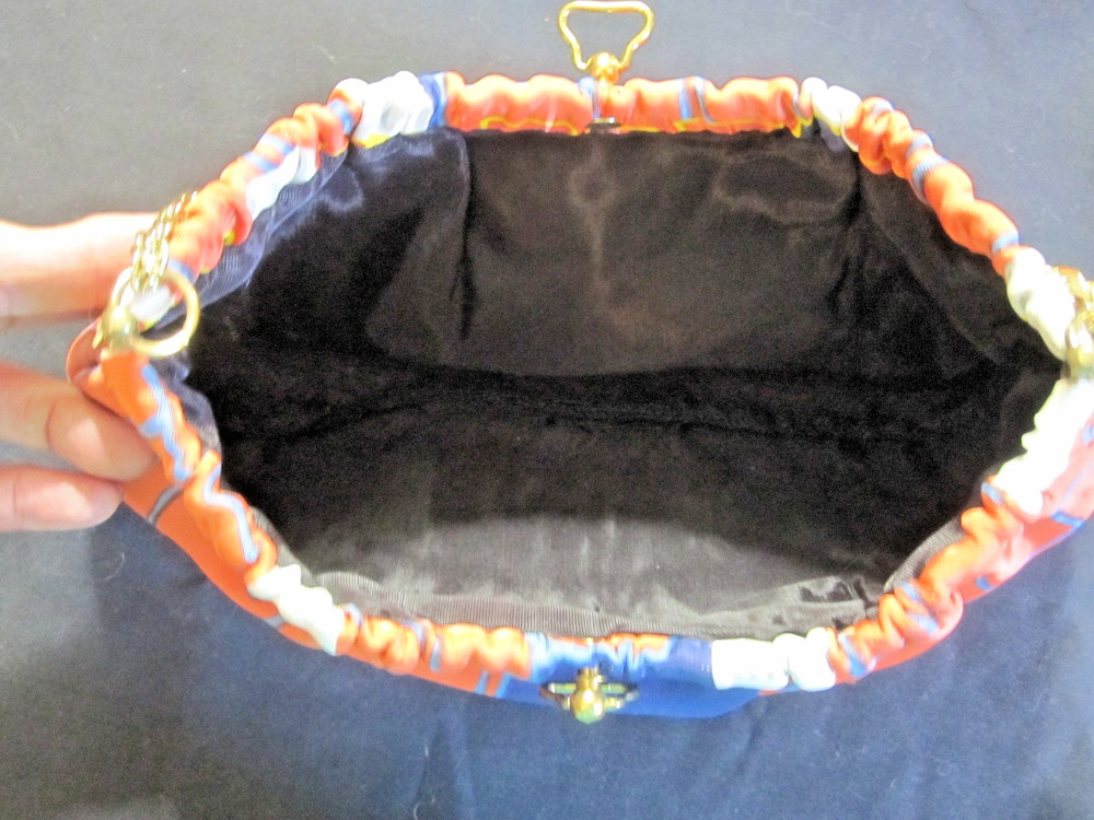 1970's orange & blue rectangle patterned clasp purse with chain - GROOVY!