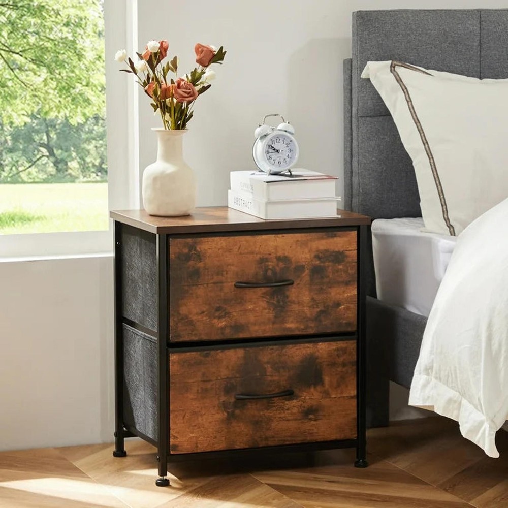 2-Drawer Nightstand Set with Fabric Bins – Rustic Brown Compact Bedside Tables