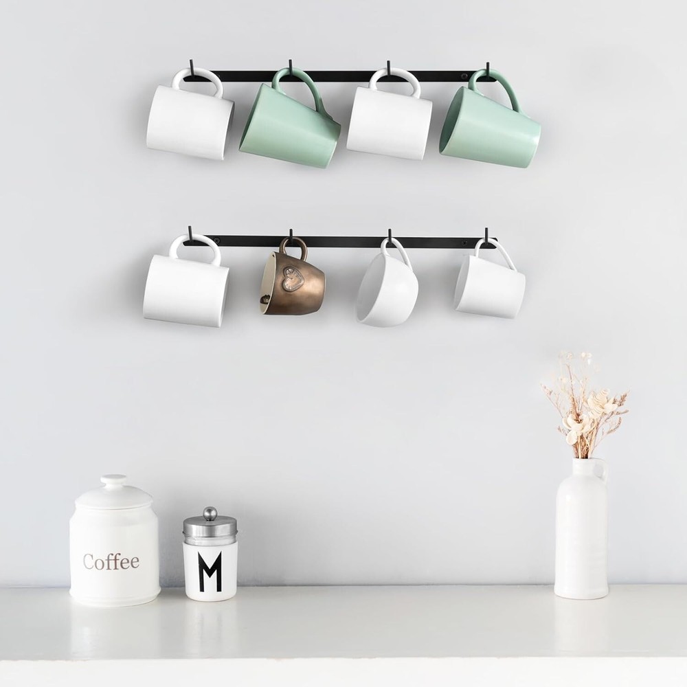 2 Pack Wall Mounted Metal Coffee Mug Holder Rack with 8 Hooks for Kitchen Dining