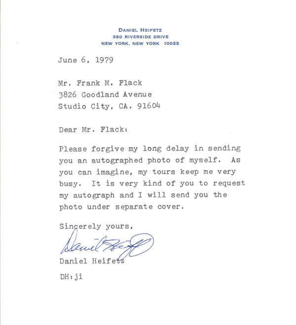 Daniel Heifetz Violinist Signed Typed Letter