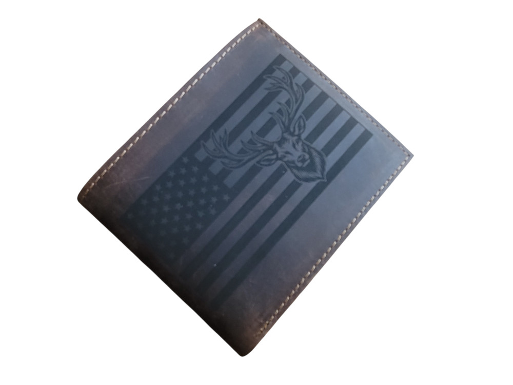 Genuine Rustic Buffalo Leather REFID Blocking Bifold Wallet - US Flag Deer