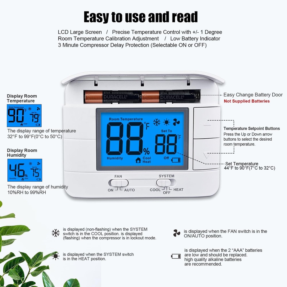 Non Programmable Thermostat for Home - Single Stage 1H/1C, Blue Backlight