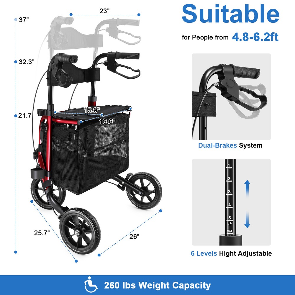 8" 3-Wheel Folding Rollator Walk Rolling Walker w/Adjustable Handle Storage Bag