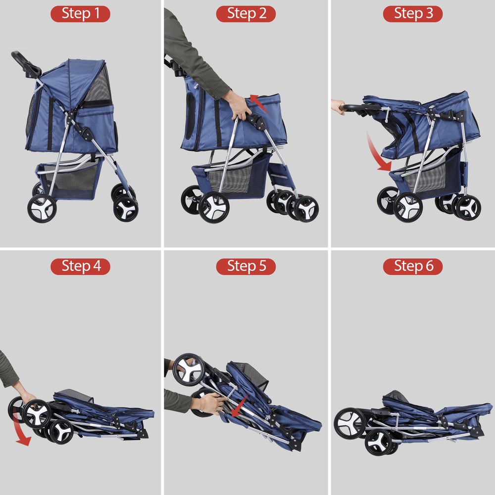 Compact Navy Blue Pet Stroller with Mesh Windows and Quality Upgrades