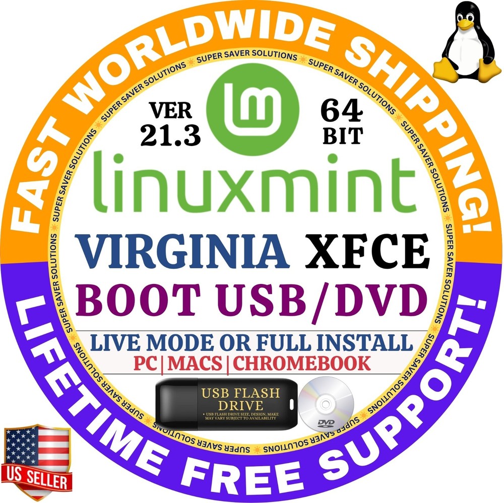 Linux MINT ISO 21.3 USB VIRGINIA XFCE 64-Bit Live Boot, Full Install for MAC, PC