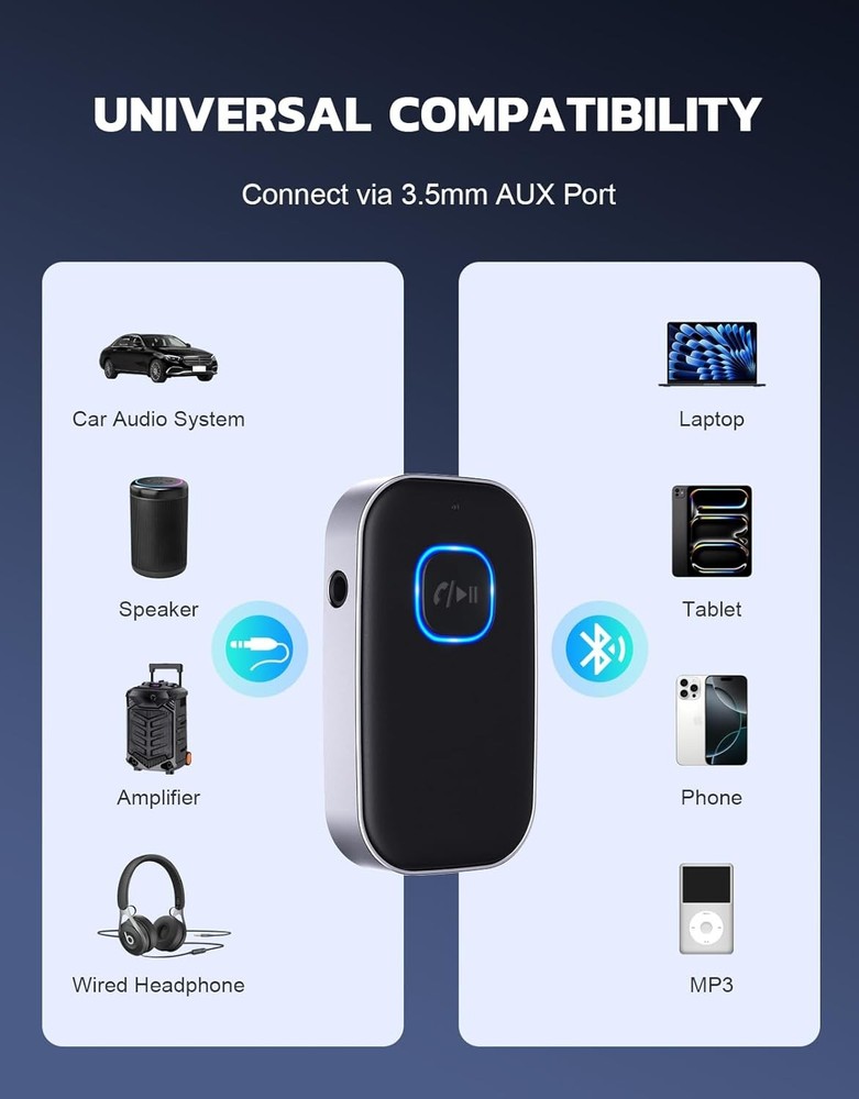 COMSOON Bluetooth Receiver for Car, Noise Cancelling 3.5mm AUX Black+Silver