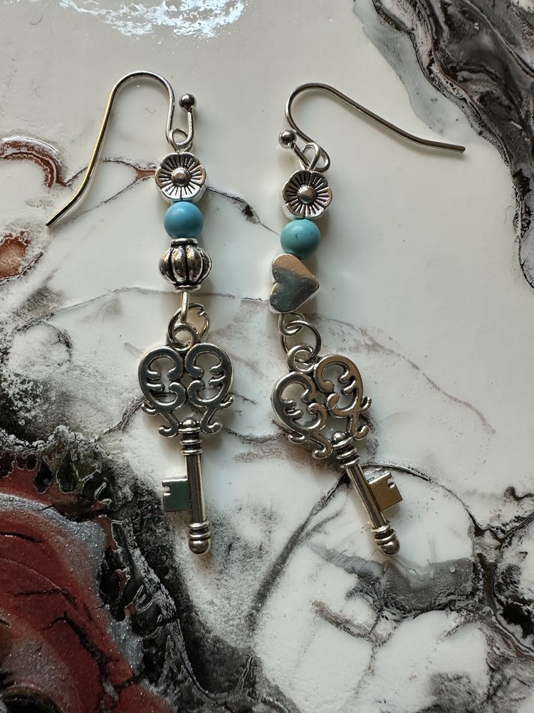 Turquoise Dangle, Silver Key Earrings