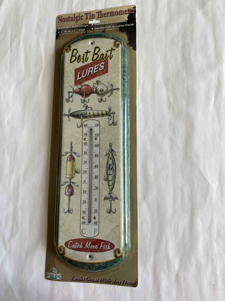 NOSTALGIC TIN THERMOMETER BEST BAIT LURES 17” LENGTH X 5” WIDTH Temperature NEW