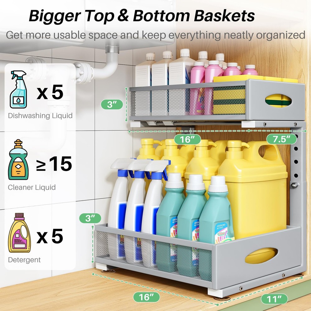 Under Sink Organizer, 2-Pack Pull Out Cabinet Organizer 2 (XL), Grey