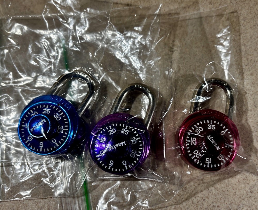 3 Master Locks Combination Red Blue Purple