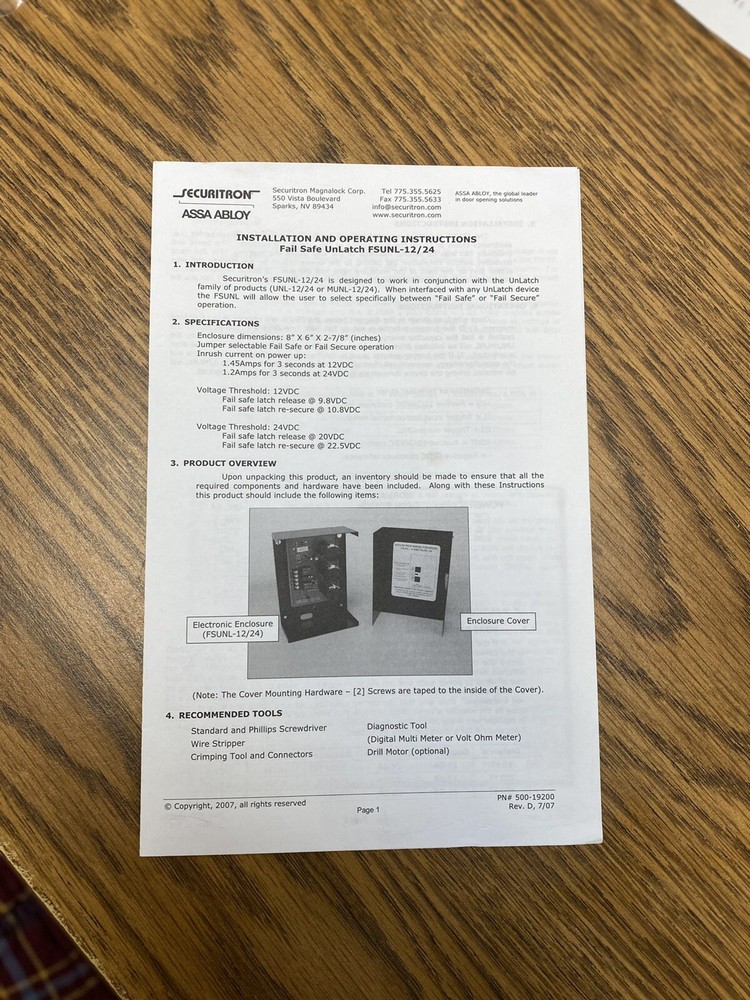 Assa Abloy Securitron FSUNL-24, Fail Safe/secure Unlatch Module, 24VDC