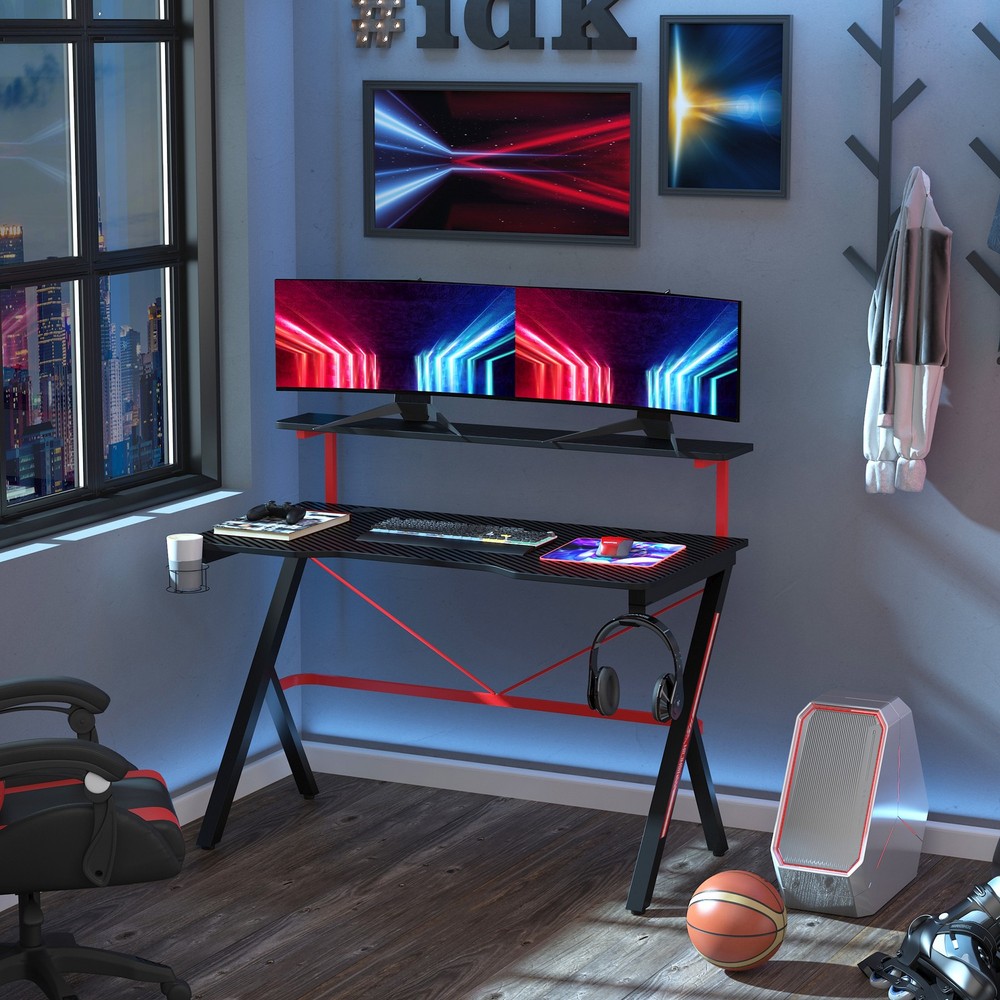 Gaming Computer Desk with Rotating Cup Holder and K Shaped Frame, Red