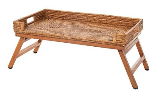 Rattan Breakfast Tray with Foldable Legs, Rectangular Serving Honey-brown