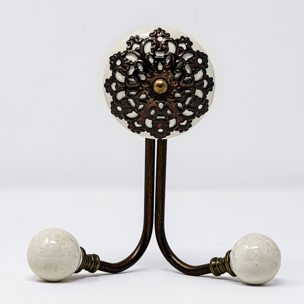 Ornate Brass Double Wall Hook White Ceramic Knobs Rustic Cottage Decor
