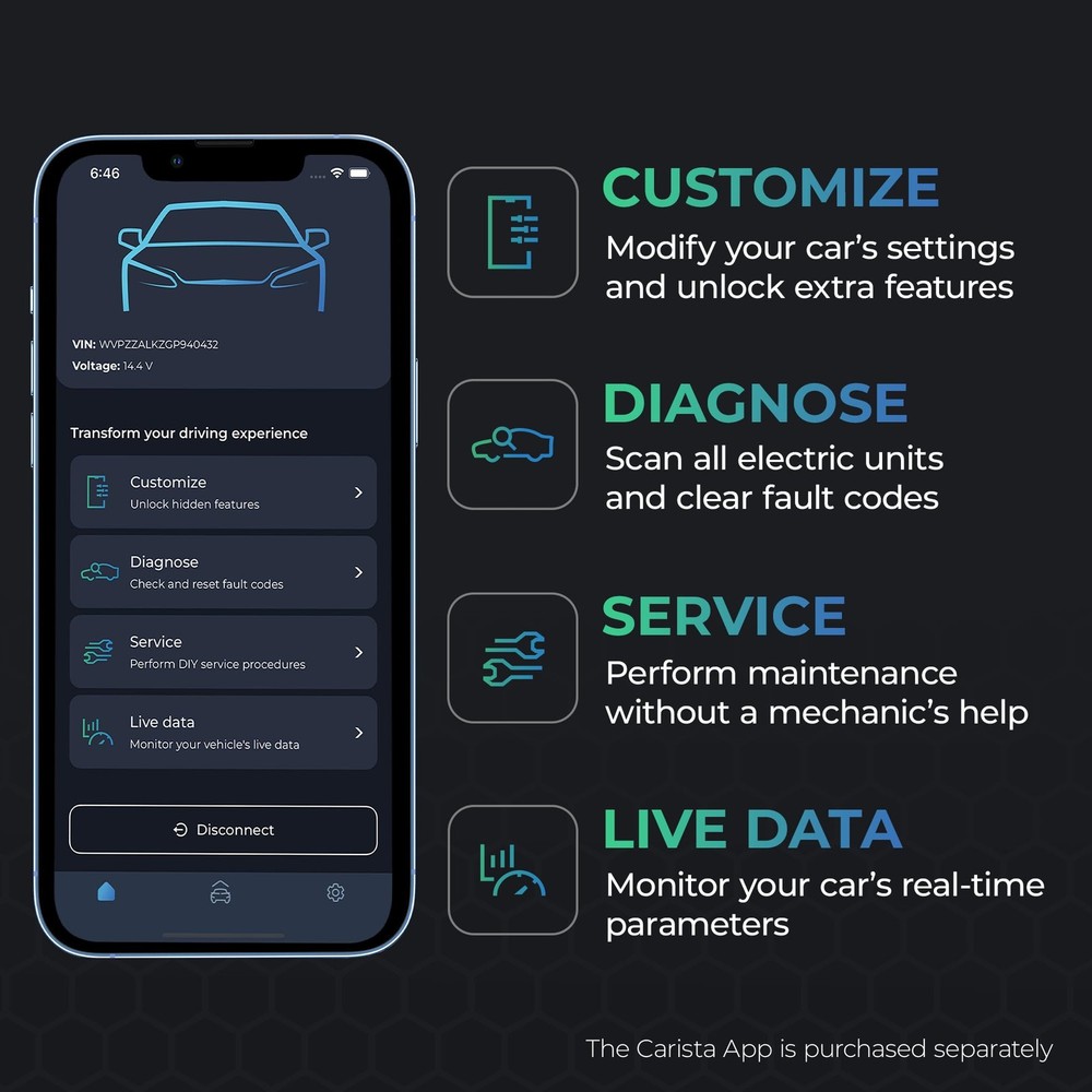 Carista EVO - Bluetooth OBD2 Scanner - Car Diagnostic Tool & Code Black