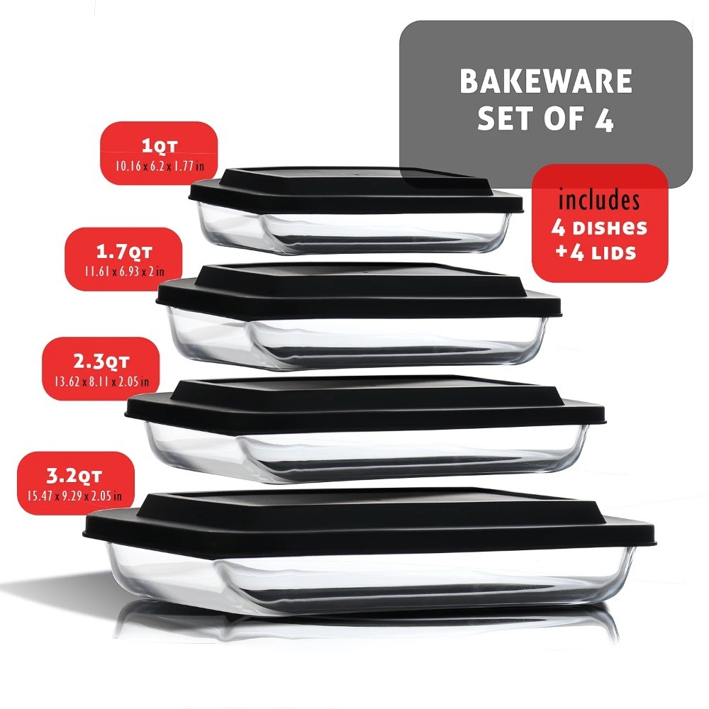 LammaLoe Glass Baking Dish Set, 8 Pc, Deep Casserole, Lids, Rectangular​