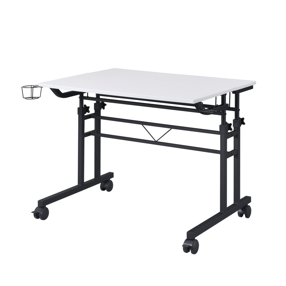 Adjustable Rolling Computer Desk - Mobile Workstation w/ Storage Shelf,White