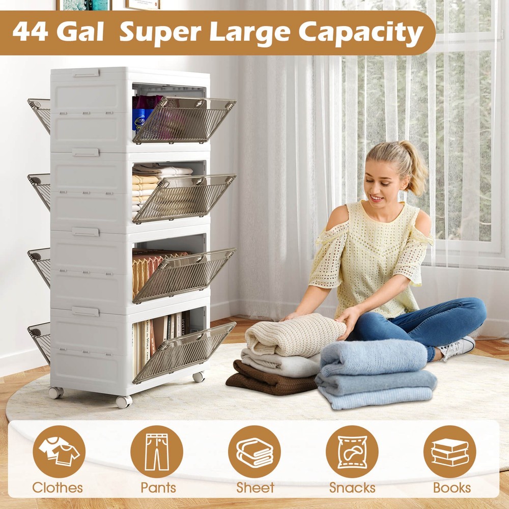 4-Tier Stackable Storage Bins 44-gal Collapsible Storage Boxes w/ Lid Organizer